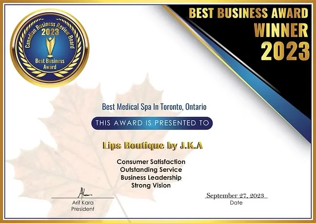 Best Business award certificate presented to Lips Boutique by J.K.A.