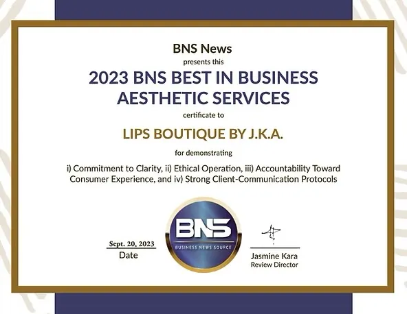 2023 BNS Best in Business Aesthetic Services award for Lips Boutique by J.K.A.