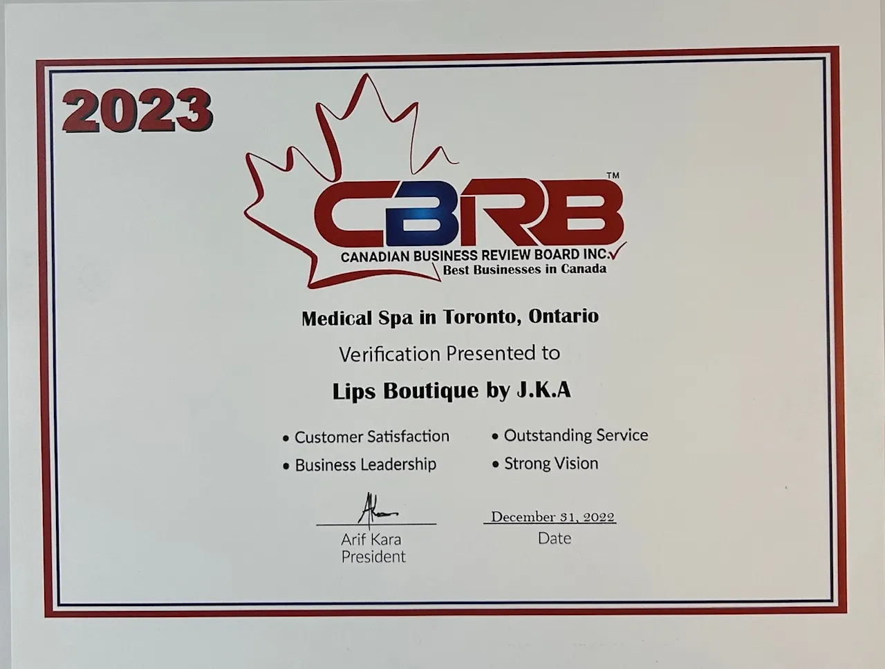 2023 CBRB Verified Business certificate for Lips Boutique by J.K.A.