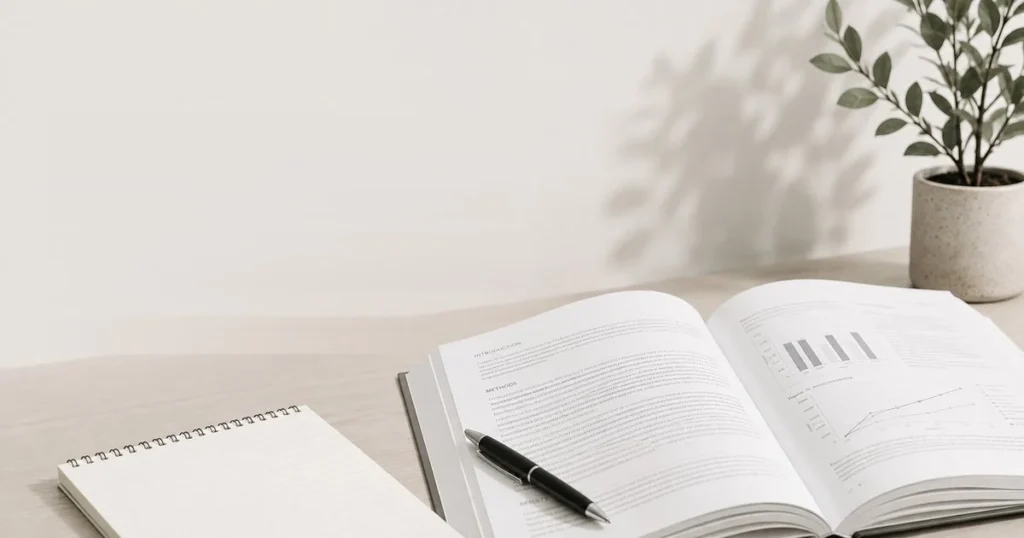 Open research journal, notebook and pen on a desk