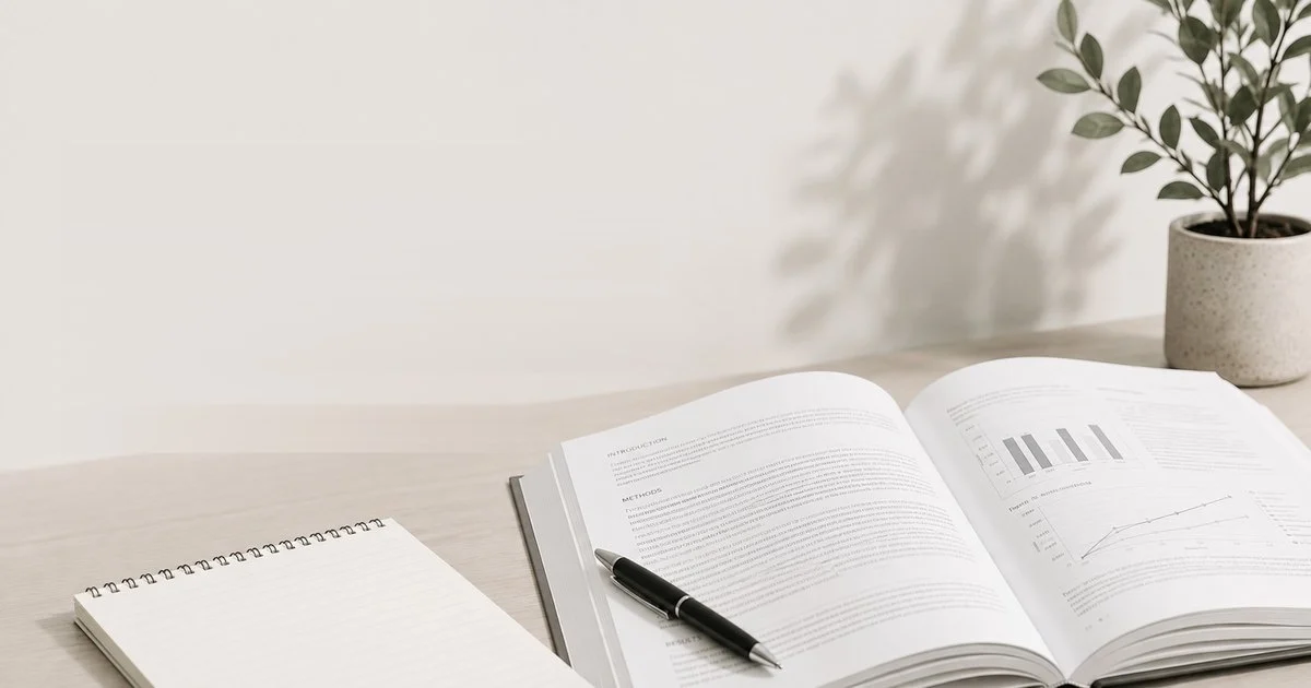 Open research journal, notebook and pen on a desk